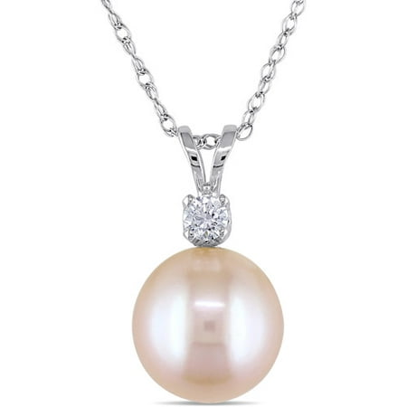 6-6.5mm Pink Round Cultured Freshwater Pearl and 1/8 Carat T.G.W Created White Sapphire 14kt White Gold Fashion Pendant, 17