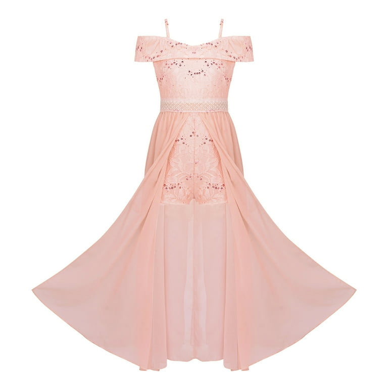 YONGHS Kids Girls Floral Lace Bridesmaid Dress Off Shouldre Maxi Romper Gown  Light Pink 12 - Walmart.com