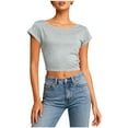 thumbnail image 2 of Open Back Crop Tops Women Short Sleeve Crew Neck T-Shirts Summer Casual Tee Going Out Blouses Plain Tshirts (XL, Gray), 2 of 8