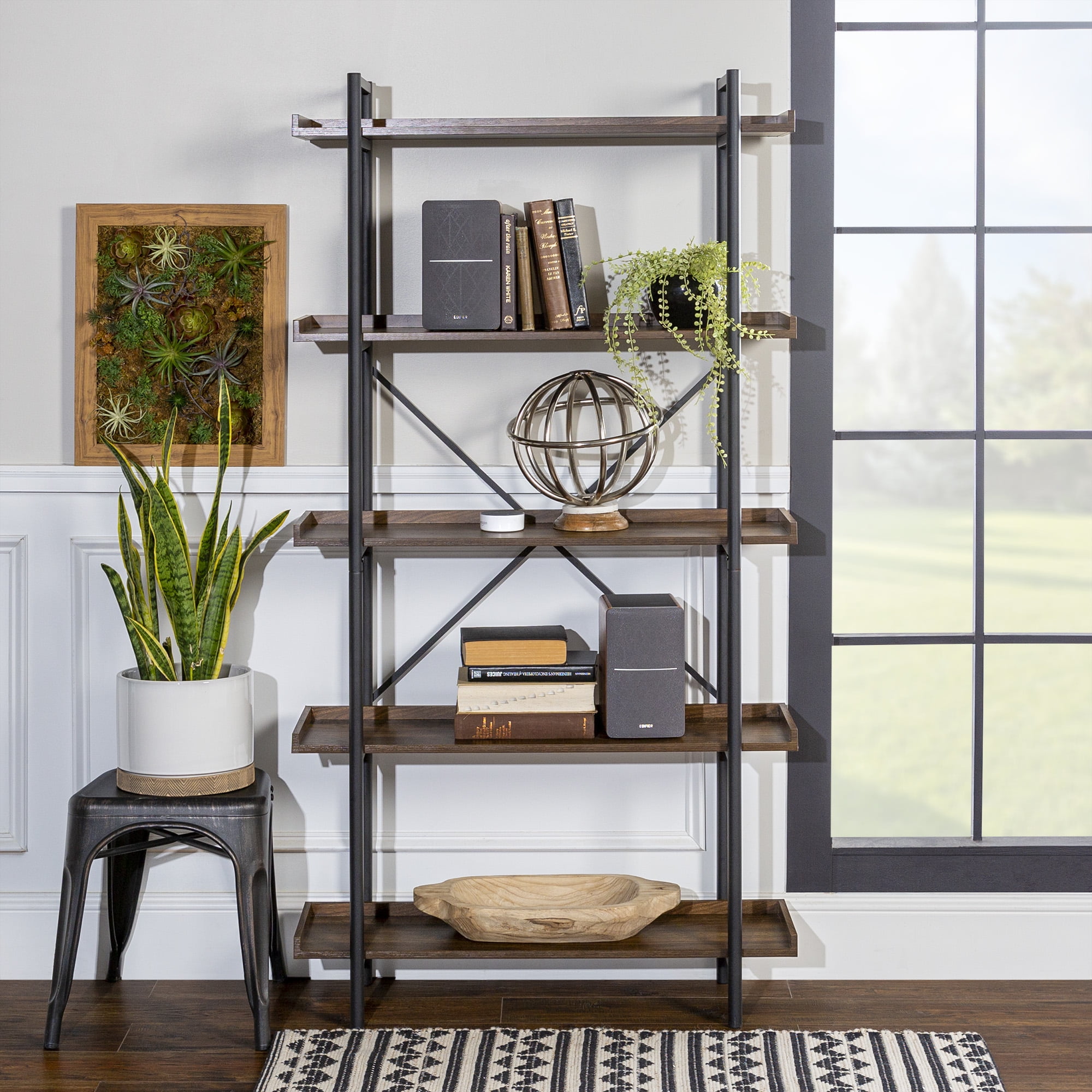 Woven Paths Urban Pipe Rustic Industrial Bookshelf, Dark Walnut