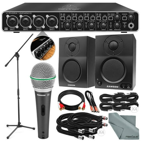 Behringer U-PHORIA UMC404HD USB 2.0 Audio/MIDI Interface and Platinum Bundle w/ Samson Q6 Mic, Stand & BT3 Studio Monitors + Loads of Cables + Fibertique Cloth