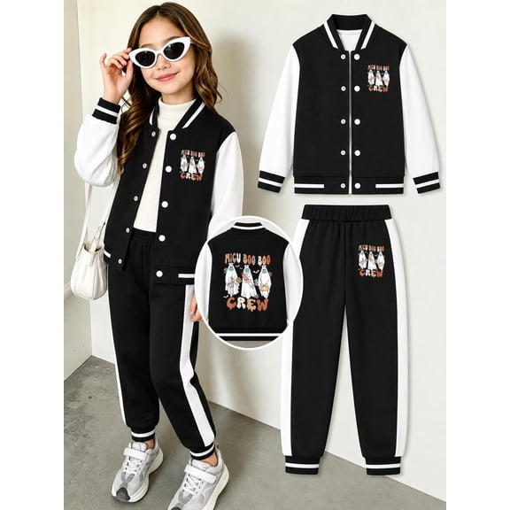 Kids 2 Piece Baseball Jacket and Pants Set, Groovy MICU Boo Crew Funny Halloween Nurse Graphic Outfit Top And Pants
