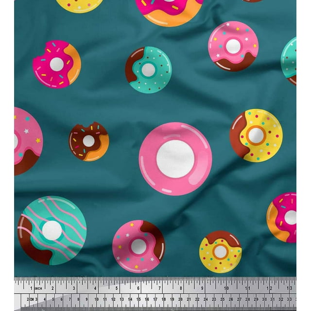 Soimoi Blue Poly Georgette Fabric Donuts Food Print Fabric by the Yard 52 Inch Wide