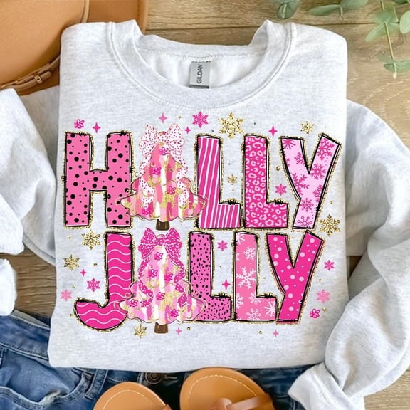 Holly Jolly Coquette Christmas Tree Sweater, Bright Color Holiday Shirt, Pink Bow Dalmatian Dots, Girly Festive Brushstroke Christmas Top