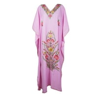 Mogul Women Baby Pink Floral Maxi Kaftan Dress White HAND Embroidered Kimono Sleeves Resort Wear Housedress 3XL