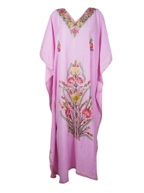 Mogul Women Baby Pink Floral Maxi Kaftan Dress White HAND Embroidered Kimono Sleeves Resort Wear Housedress 3XL
