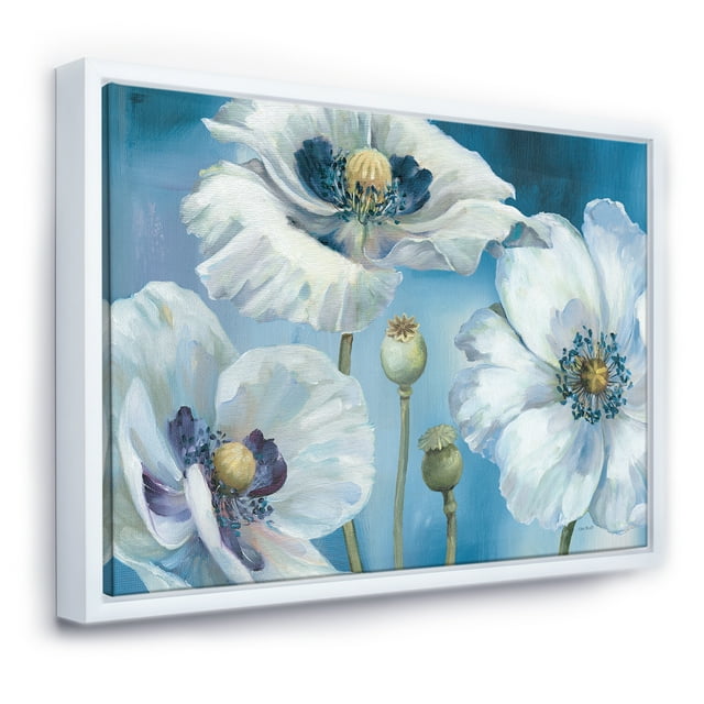 Handpainted White Flower on Blue II - Farmhouse Framed Canvas