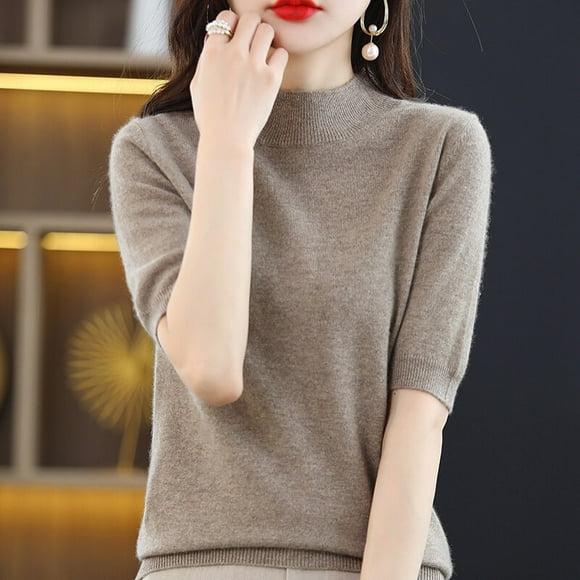 Spring and summer loose all-match wool knitted short-sleeved women's large size round neck solid color bottoming shirt knitted T-shirt thin section elegant camel L