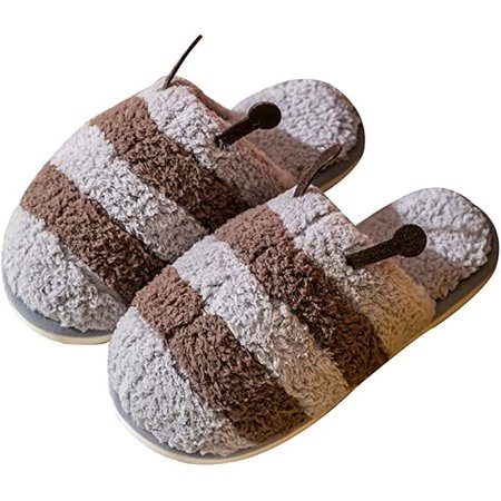 

shuwee Women Cute Bee Slippers Soft Fluffy Plush Fur Cozy House Slide Warm Memory Foam Anti-Slip Shoes