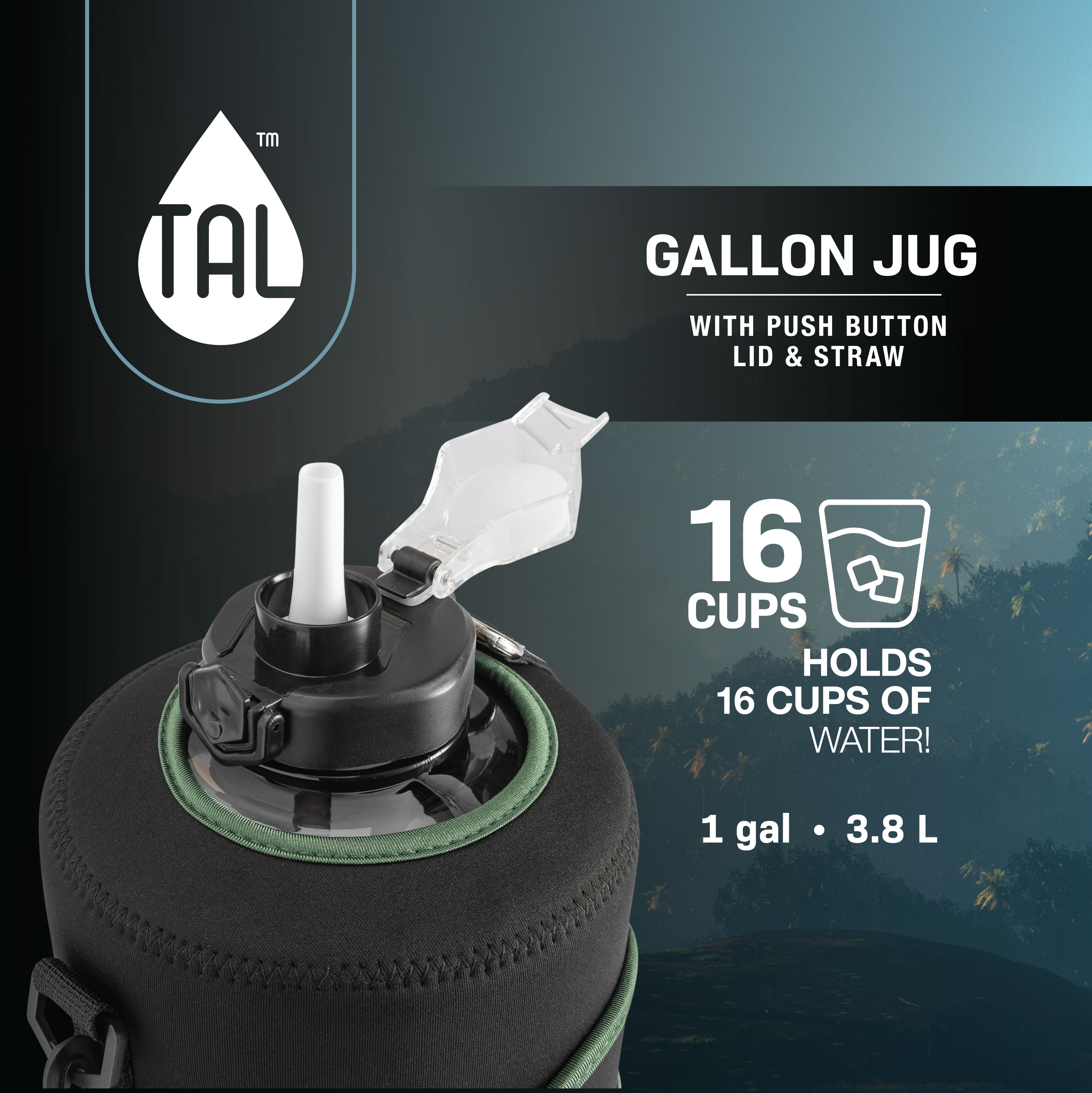 TAL Motivational Gallon Jug Water Bottle with Handle, Push Button Lid & Straw, Neoprene Sleeve, Easy-Carry Strap, Green Palms