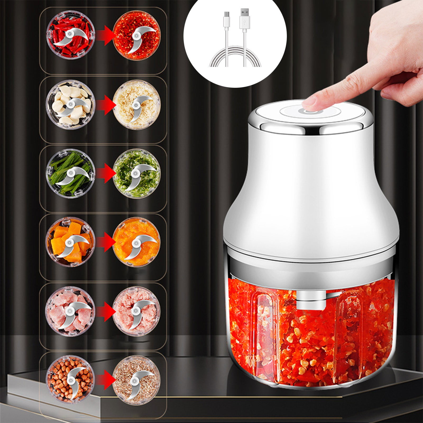 Mini Food Processor for Vegetables, Garlic, Ginger, and Chili with Pull-Cord Operation and Easy-Clean Design