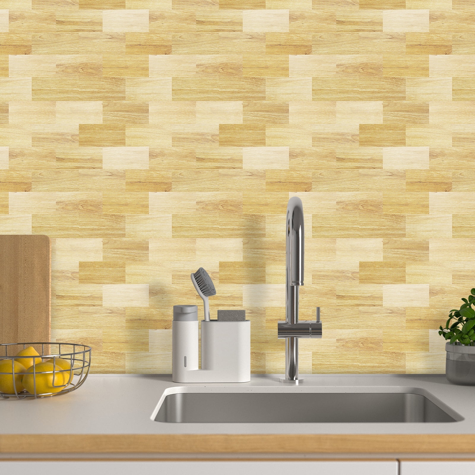 DEWOO 10-Sheet Peel and Stick Backsplash Wall Tile Self Adhesive, Stickon Tile for Kitchen Backplash, Bathroom Vanities, Fireplace Decor, Laundry Table, Stair Decals in Yellow Woodgrain