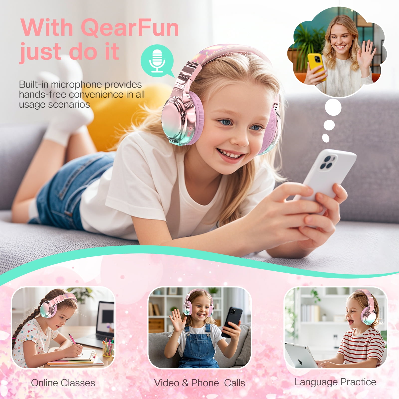 QearFun Bluetooth Headphones for Kids, Wireless Headphones with Built-in Mic, Includes Aux Cord, USB C, 3.5mm Jack, Bluetooth 5.3, On Ear Kids Headphones for School/Travel/Tablet(Pink)