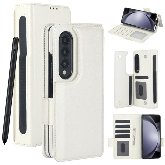 Wallet Case for Samsung Galaxy Z Fold 3 with S-Pen Holder and Credit Card Slots, Premium PU Leather RFID Blocking Magnetic Closure Flip Phone Case Cover for Samsung Galaxy Z Fold 3, White