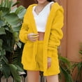 thumbnail image 2 of Women's Fuzzy Fleece 3 Piece Sets Pajamas Outfits Warm Soft Hooded Cardigan Jacket Coat and Crop Top Shorts Set Ladies Clothes, 2 of 5