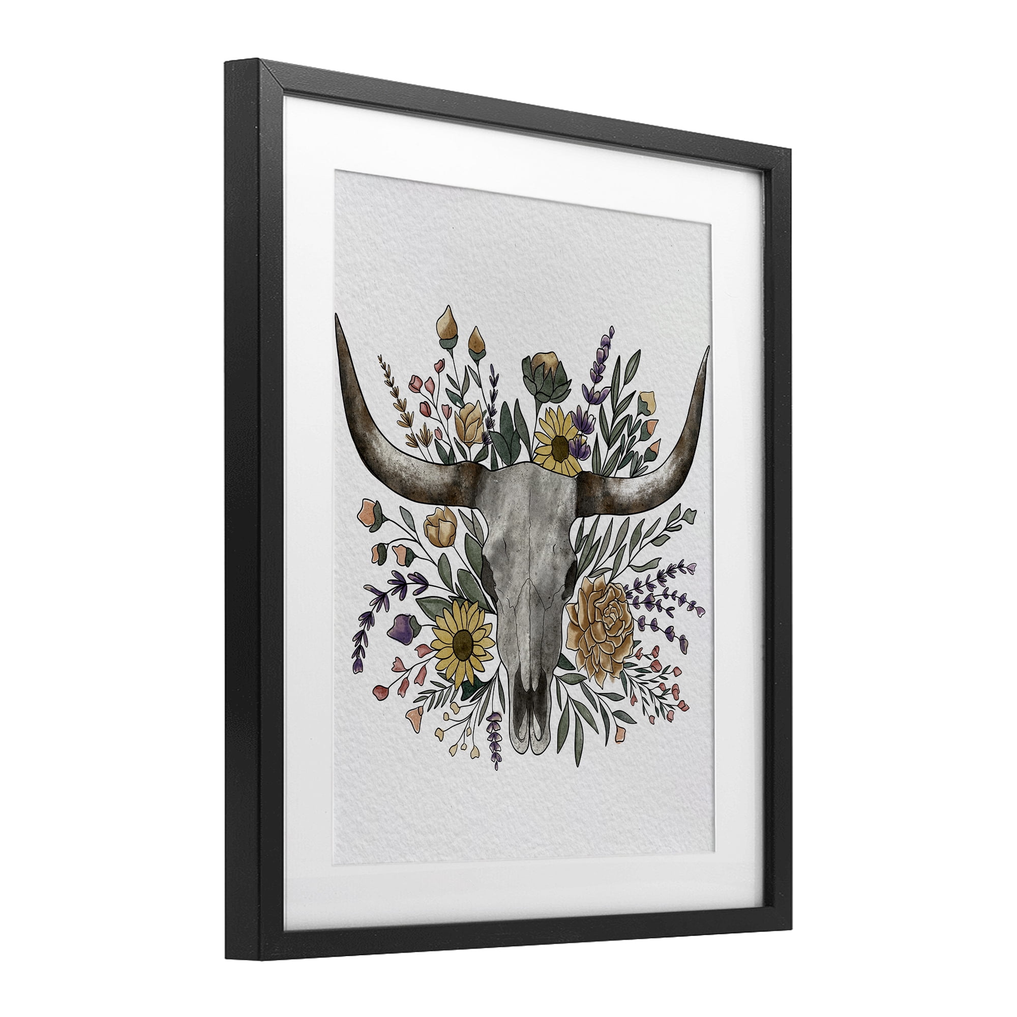 Stupell Industries Boho Wildflower Longhorn Black Framed Print Under Glass, design by Alisha Kiara Design