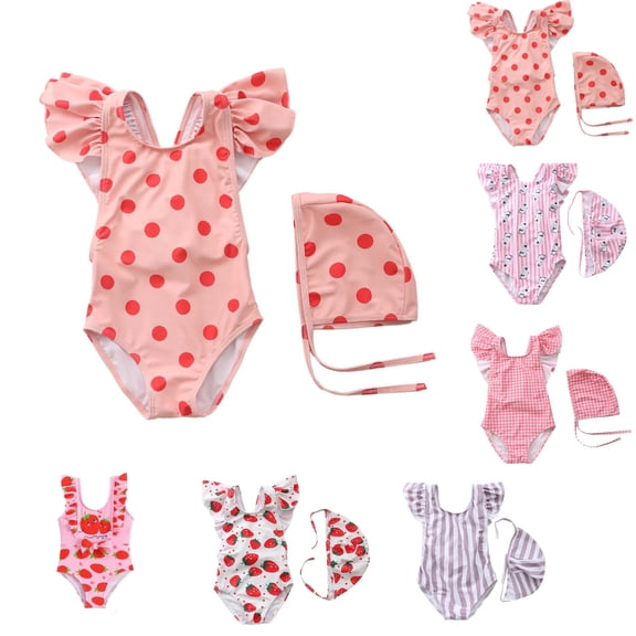 YHAJDS Baby Girl One Piece Swimsuit Flutter Sleeve Print Swimsuit with Swim Cap