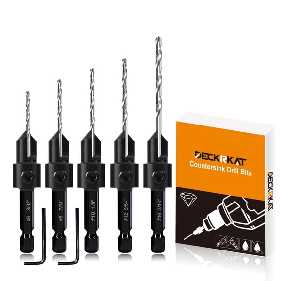 5-pc Woodworking Countersink Counterbore Drill Bit Set 3in1 for #6 8 10 12 16 Screws, M2 Pilot Drill Bits Adjustable Depth, 82-Degree Chamfer with St