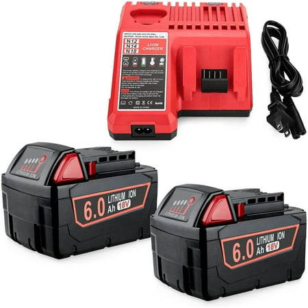 

HJY 2Pack 18V 6.0Ah for Milwaukee M18 Battery XC M18 48-11-1815 48-11-1820 48-11-1850 with M12/M18 Milwaukee Battery Replacement Charger Kit