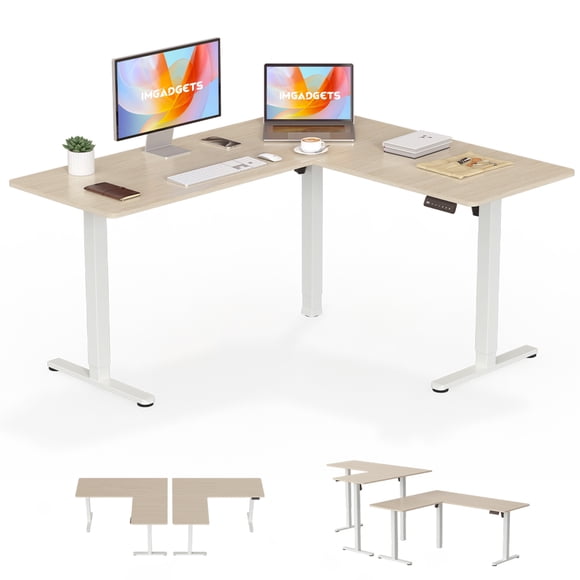 IMGadgets L-Shaped Electric Standing Desk (Walnut) | 63" x 55" Large Workspace | Flexible Right or Left Configuration | Dual Motor Sit Stand Desk | Ergonomic Height Adjustable Desk 28"-47"