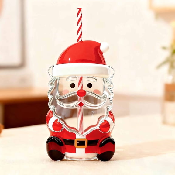 SXliansun Santa Claus style straw cup, Christmas straw coffee cup with lid and straw, holiday cute cup glass drink, birthday Christmas gift (19 ounces)