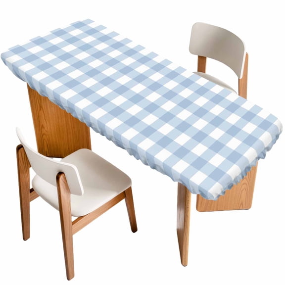 Light Blue Plaid Table Cloths for 8 Foot Rectangle Tables, Modern Minimalist Country Patio Waterproof Elastic Fitted Tablecloths, Washable Rectangular Table Cover for Camping