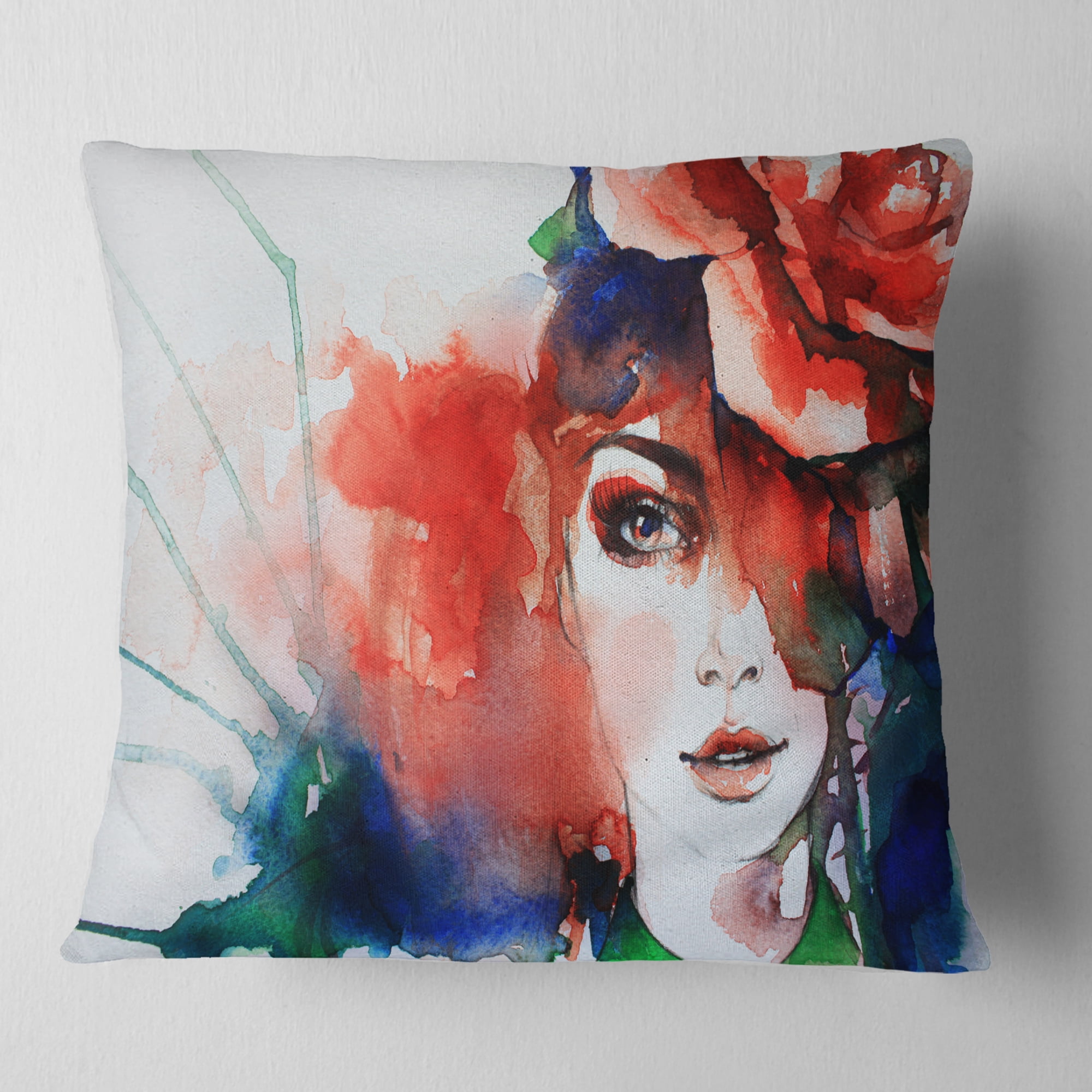 Designart Woman with Rose Illustration - Abstract Throw Pillow - 16x16
