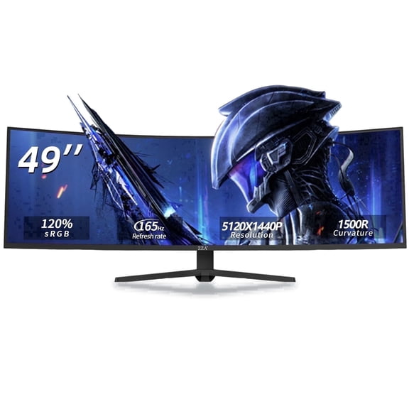 ZZA 49" Curved Gaming Monitor | 5120x1440 Dual QHD, 165Hz, 1500R, 32:9 Ultra-Wide, AMD FreeSync, 120% sRGB, Height Adjustable, HDMI 2.1 & DisplayPort 1.4, VESA Mount, Black