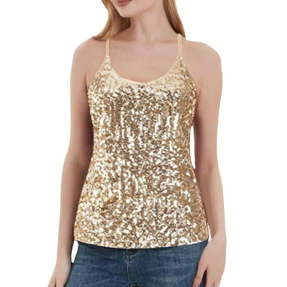 MIXUE Tank Top for Women Summer Solid Color Sequin Glitter Party Strappy Camisole Vest Holiday Wear,Gold,M