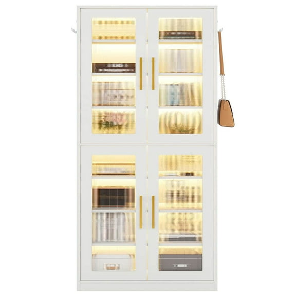 Barara King Bookshelf, Bookcase, Display Standing Shelf67-inch Bookcase, 8-Tier Bookshelf with Acrylic Doors and LED Light,White