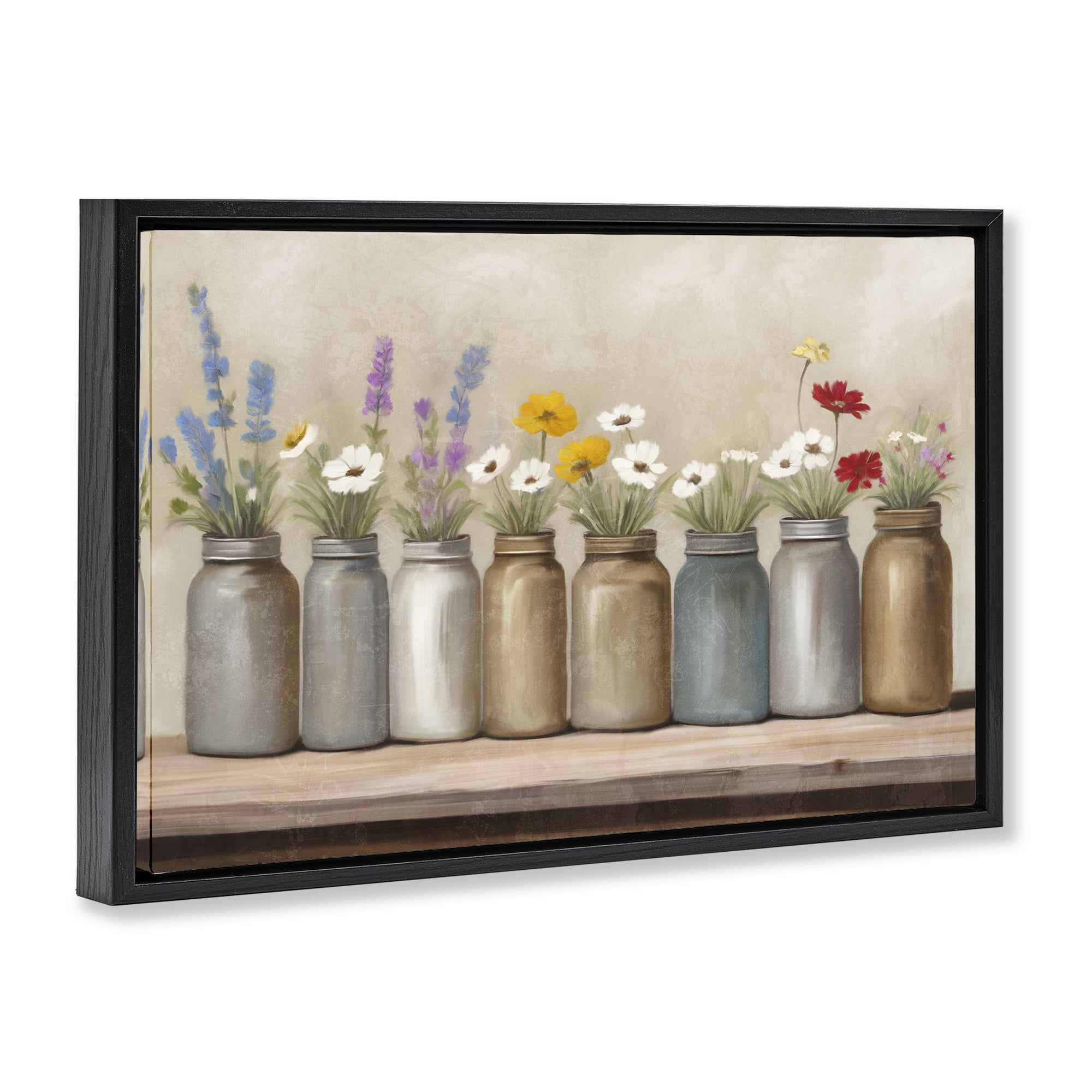 Stupell Industries Jars with Wildflowers Plants & Flowers Painting Black Floater Framed Canvas Art Print Wall Art, 25 x 17