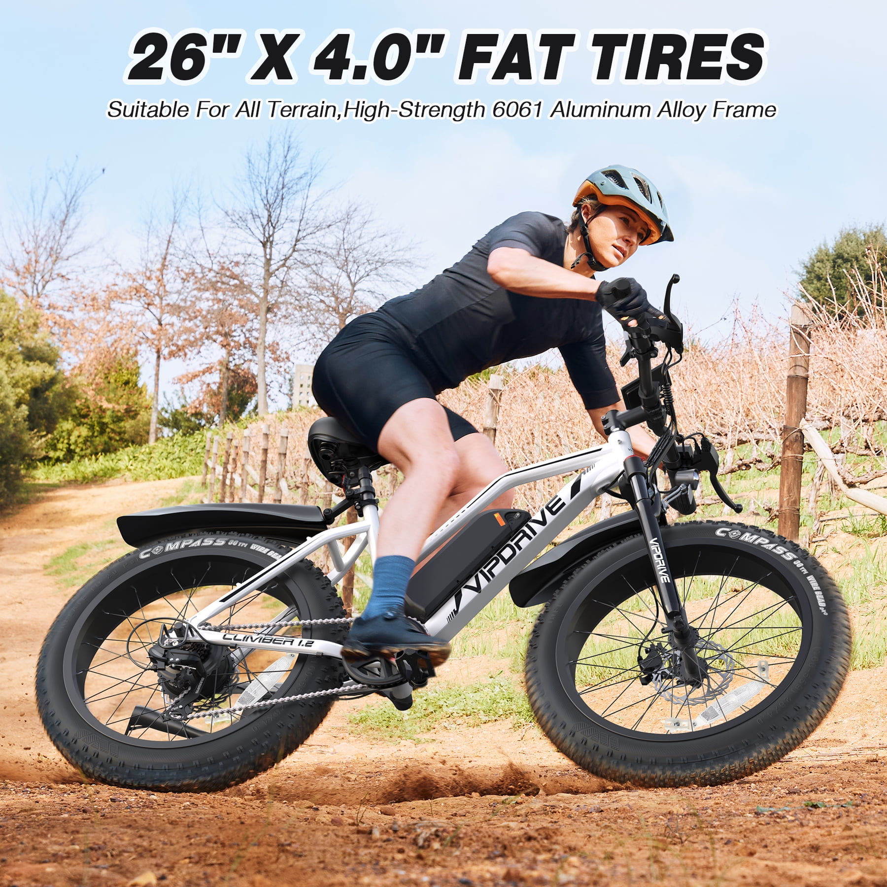 VIPDRIVE Electric Bicycle for Adults, 500W Ebike, 25MPH 50Miles Electric Mountain Bike, 26" 4.0 Fat Tire Electric Bike for Adults， with 48V 13AH Battery, 7 Speed，UL2849