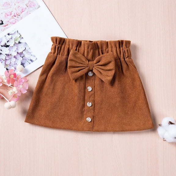 Corduroy-Skirts for Girls 1-7 Cute Bowknot Elastic High Waisted Toddlers Kids Button-Down Solid Color A-Line Short Mini Skirt