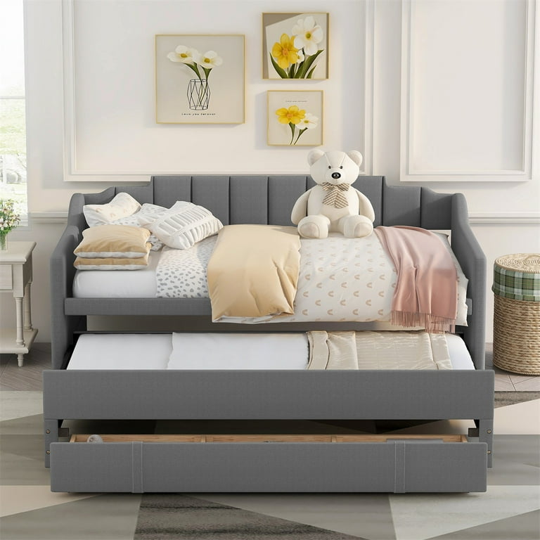 Twin Size Upholstered Daybed with Trundle and Three Drawers Solid Wood Storage Daybed for Living Room Bedroom Guest Room Sofa Bed Platform Bed for Toddlers Kids Teens Guests Grey Walmart