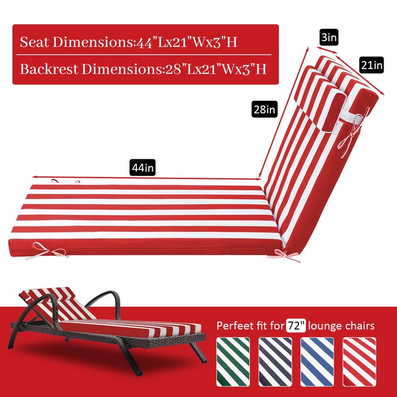 Outdoor Chaise Lounge Cushion, High-Density Foam Fill Patio Furniture Bench Cushions with Ties, Thicken Waterproof Replacement Back Chaise Cushions for Pool, Sand Beach (Red White Stripes)