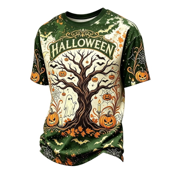 YNGKMEA Mens Short Sleeve Shirts Halloween Crewneck Graphic Costumes Vintage Pumpkin Letter Print Tshirt
