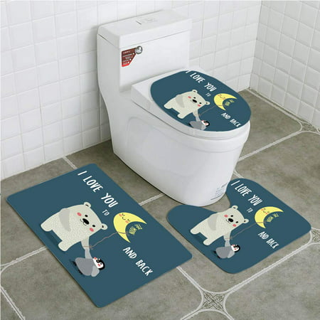 GOHAO I Love You Teddy Bear and Penguin Best Friends Arctic Lovers under Moon Cartoon 3 Piece Bathroom Rugs Set Bath Rug Contour Mat and Toilet Lid