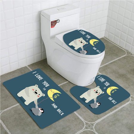 GOHAO I Love You Teddy Bear and Penguin Best Friends Arctic Lovers under Moon Cartoon 3 Piece Bathroom Rugs Set Bath Rug Contour Mat and Toilet Lid (Best Toilet Under 200)