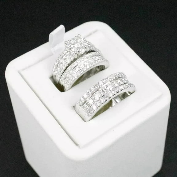 Bluebell Jewels 14K White Gold Fn CZ Wedding Trio His Her Bridal Band Ring Set