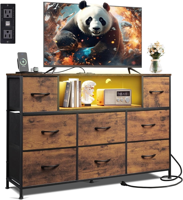 Bigleap LED TV Stand with Charging Station, Music-Sync Light Up Entertainment Center, 8 Fabric Drawer Dresser for Bedroom & Living Room, Brown(Fits 45-55 inch TV)