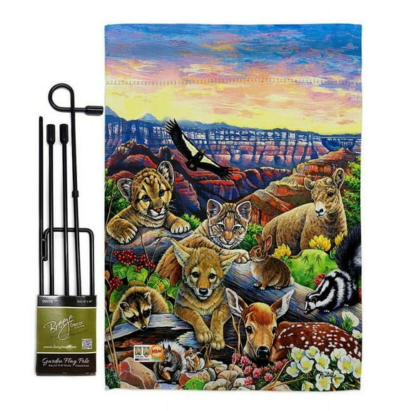 Breeze Decor BD-WL-GS-110064-IP-BO-D-US13-AL 13 x 18.5 in. Canyon Friends Nature Wildlife Vertical Double Sided Mini Garden Flag Set with Banner Pole