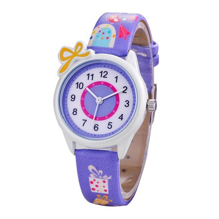 Childrens Round Dial Analog Watch Stylish Quartz Wrist Watch W Waterproof (Purple)