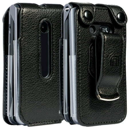 Case for LG Classic Flip Phone, Nakedcellphone [Black Vegan Leather] Form-Fit Cover with [Built-In Screen Protection] and [Metal Belt Clip] for LG Classic Flip (L125DL)