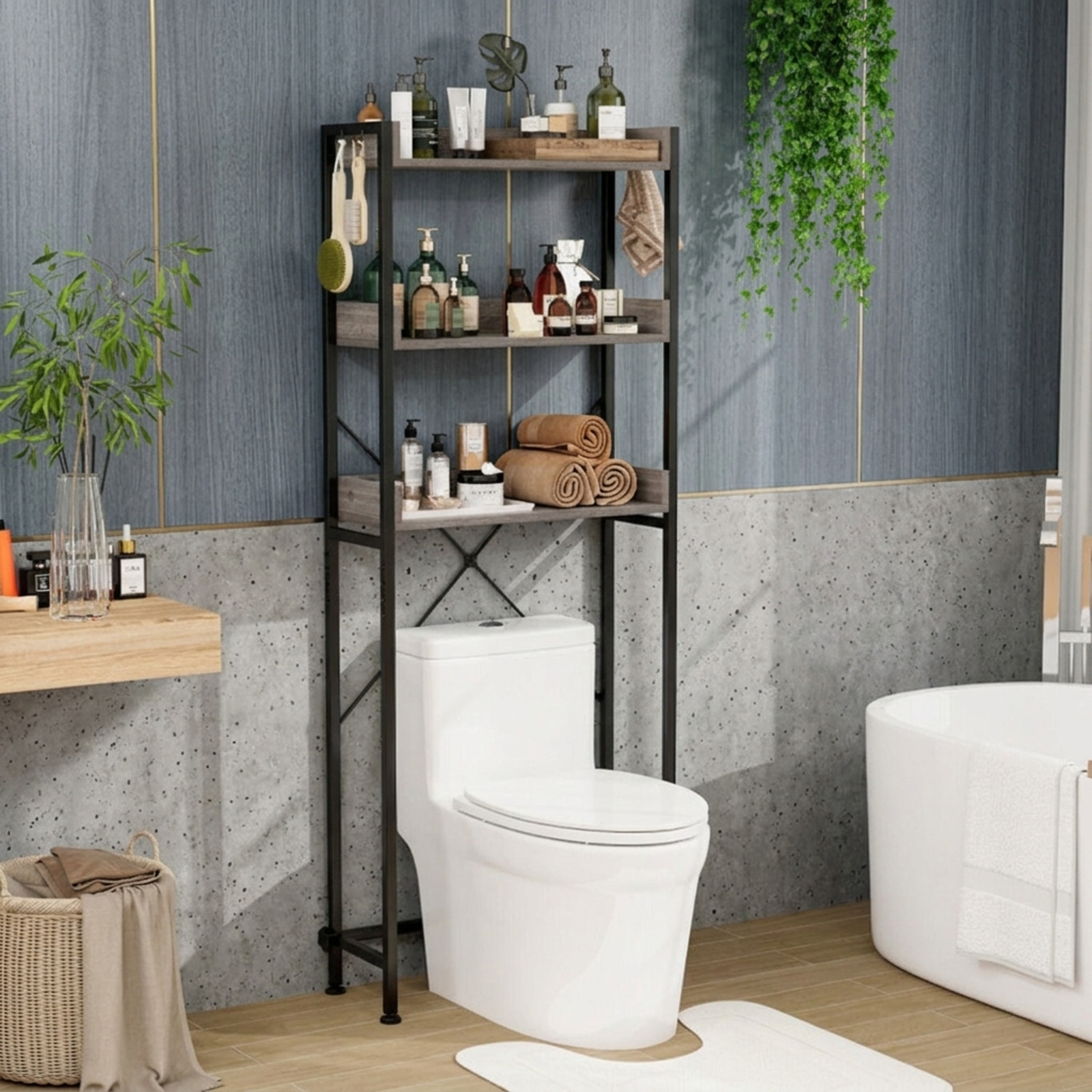Vebreda Over-the-Toilet Storage, Over The Toilet Storage Rack with Hooks and Adjustable Bottom Bar, Large Storage Space, Make Full Use of Space