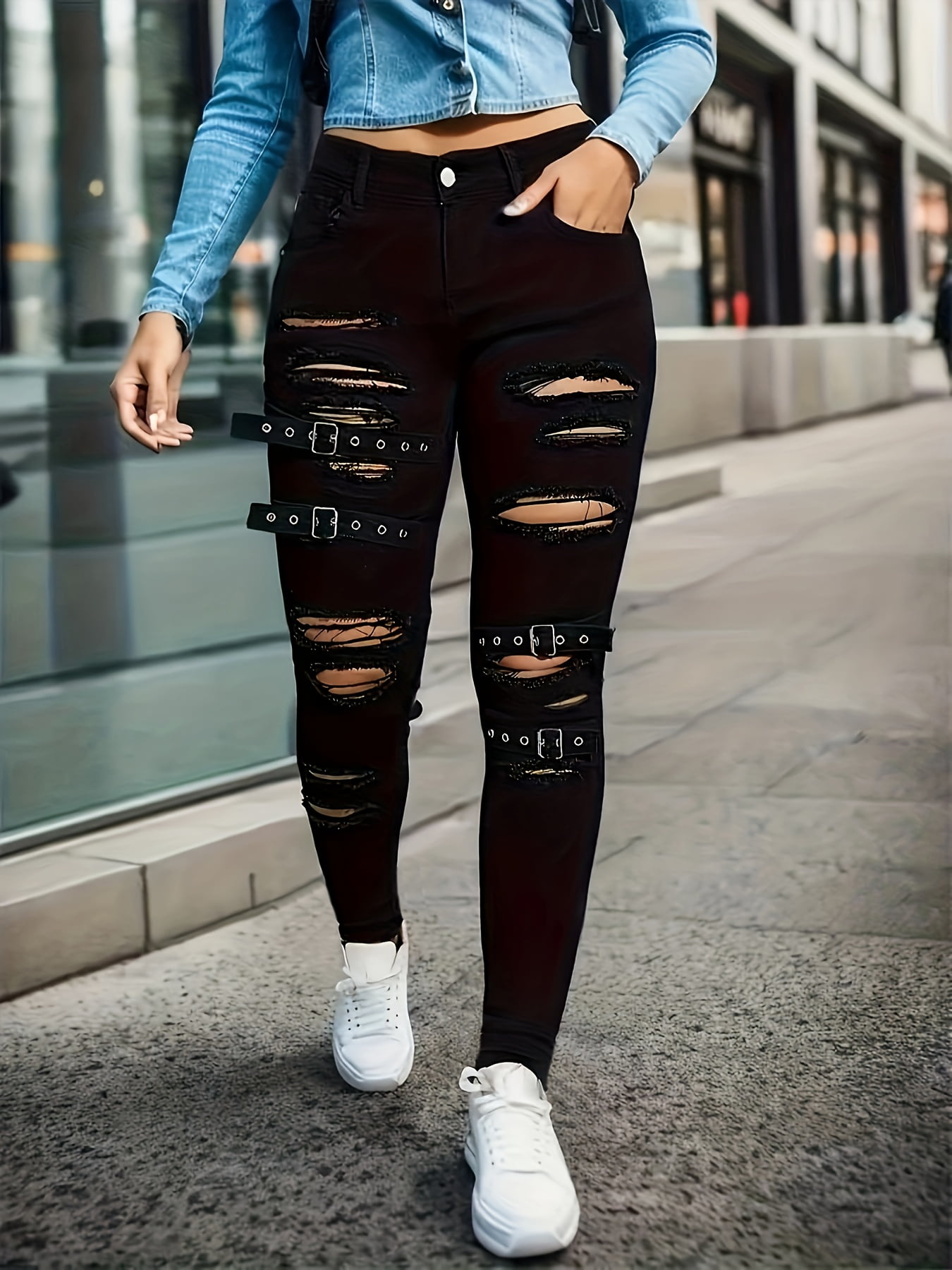 Ripped Holes Chic Skinny Jeans Slim Fit Stretchy Tight Jeans