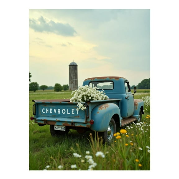 Diamond Art Kit for Adults, Vintage Blue Truck Flower Field Diamond Painting for Adults Beginners, 5D DIY Diamond Art Painting Kits, Colorful Diamond Painting Craft for Home Decor 12x16