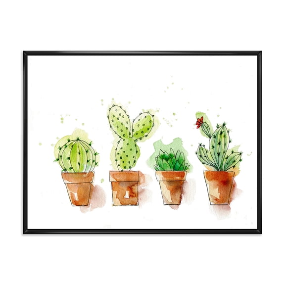 Designart 'Cacti In Gentle Tones In Ceramic Pots I' Traditional Framed Canvas Wall Art Print