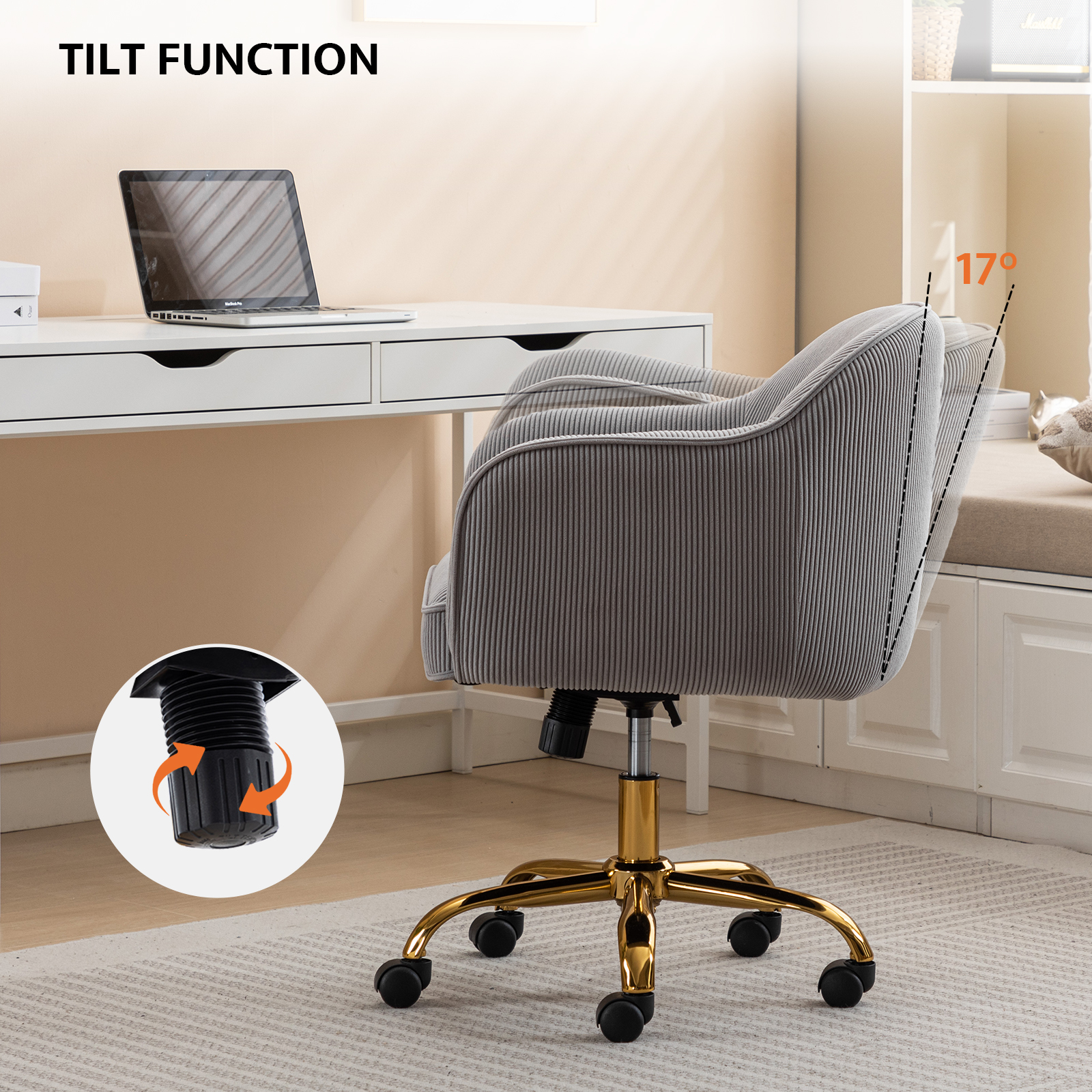 BRILHAMEZ Velvet Office Chair, Ergonomic Desk Chair with Adjustable Height, 360° Swivel, Padded Armrests for Home Office, Gray