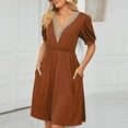 thumbnail image 5 of Bigersell Womens formal Dress Women's Short Sleeve V-Neck Solid Color Pocket Dress Female Maxi Dresses Women Skater Dresses, Style 25896, Brown L, 5 of 7