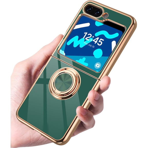for Samsung Galaxy Z Flip 5 5G Case, Built-in 360° Ring Holder Magnetic Stand, Luxury Electroplated Plating Edge Shockproof Protective Phone Cover, Green